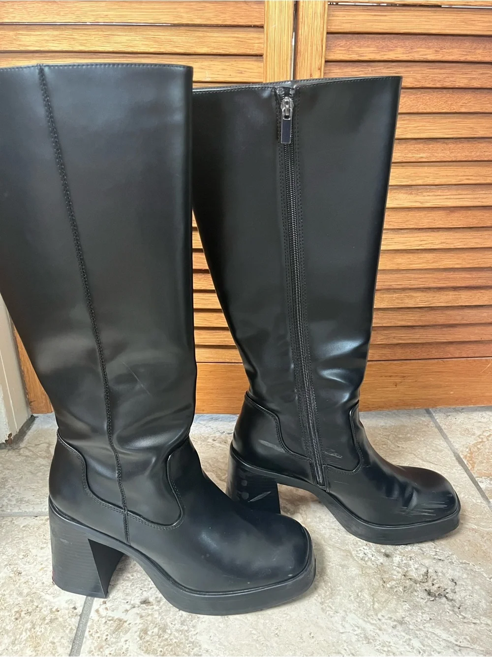 Bershka Black Platform Knee-High Block Heel Boots